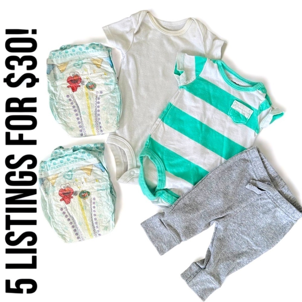 Newborn Carter’s / Koala Baby Baby Boy clothes & two pampers diapers